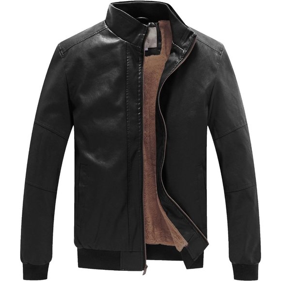 Men's Black Leather Stand Collar Fleece Lined Bomber Faux Jacket - Picture 1 of 8